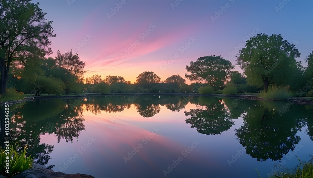 Obraz premium Twilight over a Calm Pond Surrounded by Trees and Reflected in Still Waters