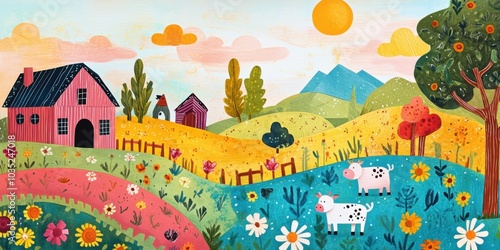 Two cows in colorful countryside landscape.