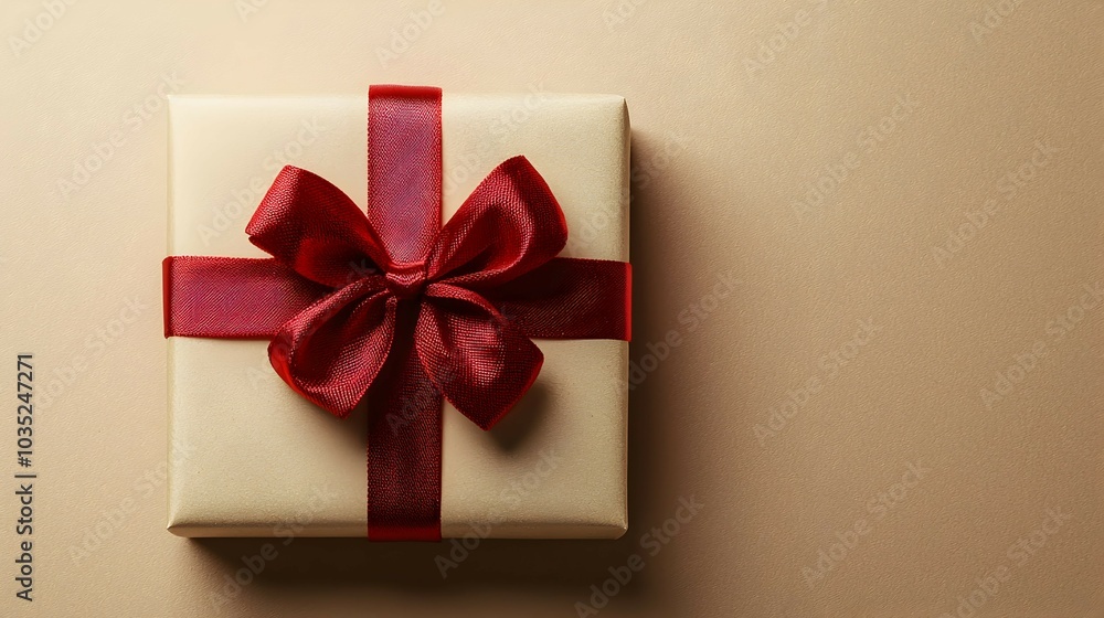 Elegant Gift Box with Red Bow on Neutral Background Elegant Gift Box with Red Bow on Neutral Background