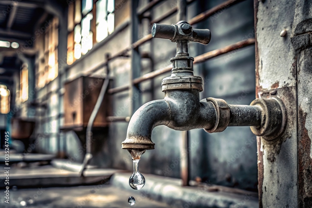 A dripping gray faucet in an old, abandoned engine room, gray, engine, metal A dripping gray faucet in an old, abandoned engine room, gray, engine, metal