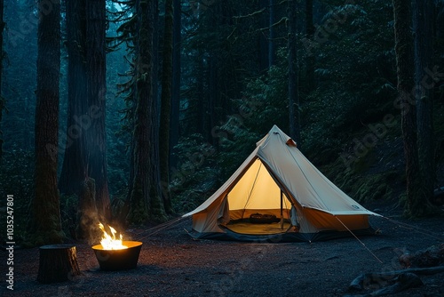 Wallpaper Mural A minimalist, cream-colored tent set up in the middle of an old-growth forest at night with a fire pit beside it.  Torontodigital.ca