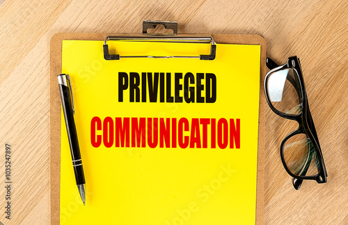  Clipboard with privileged communication text, pen, and glasses on a wooden desk