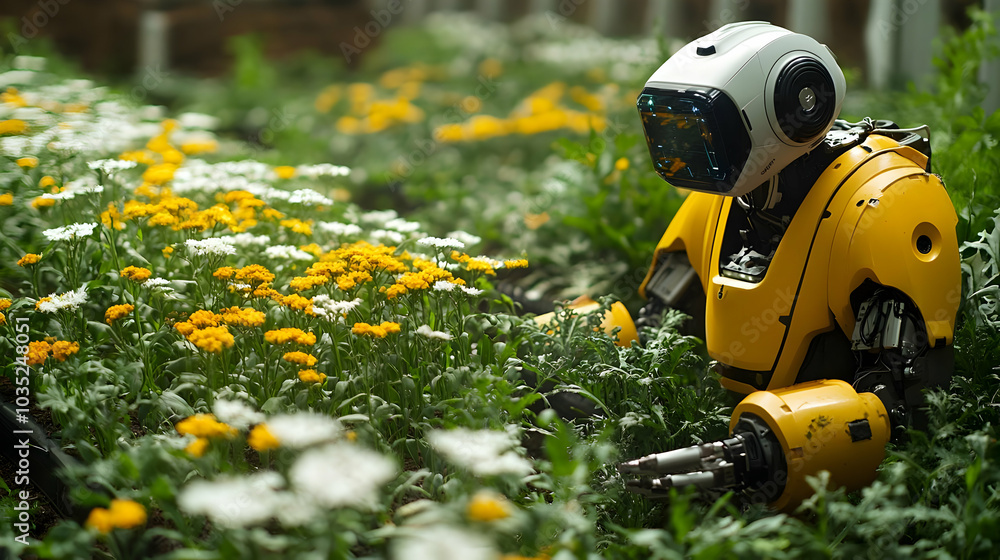 Robot Exploring a Field of Yellow and White Flowers Robot Exploring a Field of Yellow and White Flowers