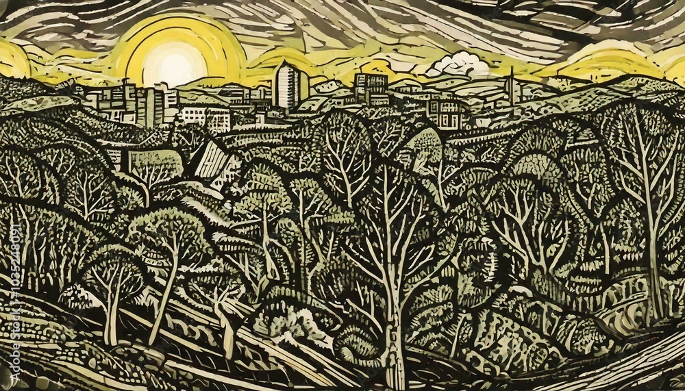 Obraz premium yellow green pastel tones nature and city meeting artistic painting