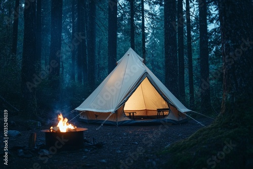 A minimalist, cream-colored tent set up in the middle of an old-growth forest at night with a fire pit beside it. 