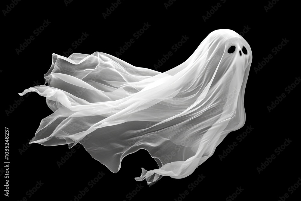 Floating scary white fabric ghost for Halloween parties to celebrate the night holiday. Creepy ghost character. Can be used in screen mode for a transparent effect. with generative ai Floating scary white fabric ghost for Halloween parties to celebrate the night holiday. Creepy ghost character. Can be used in screen mode for a transparent effect. with generative ai