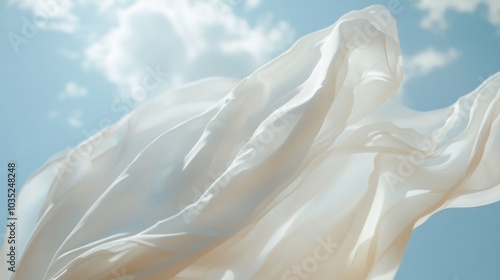 A piece of white cloth blowing freely in the wind on a bright and sunny day