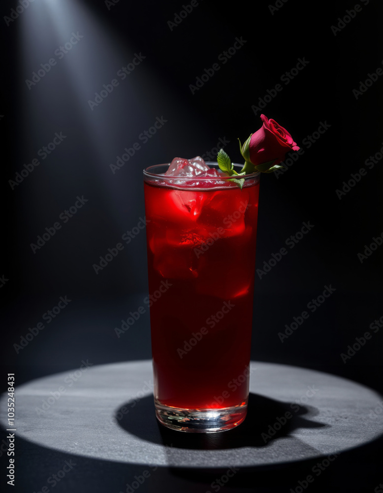 red cocktail with red rose on black background illuminated by spotlight red cocktail with red rose on black background illuminated by spotlight