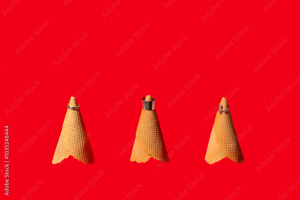 Three ice cream cones with rings on top. Creative concept idea Three ice cream cones with rings on top. Creative concept idea