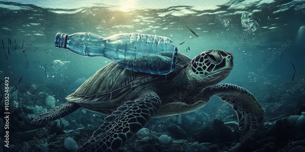 Fototapeta premium Sea turtle trapped in plastic pollution.
