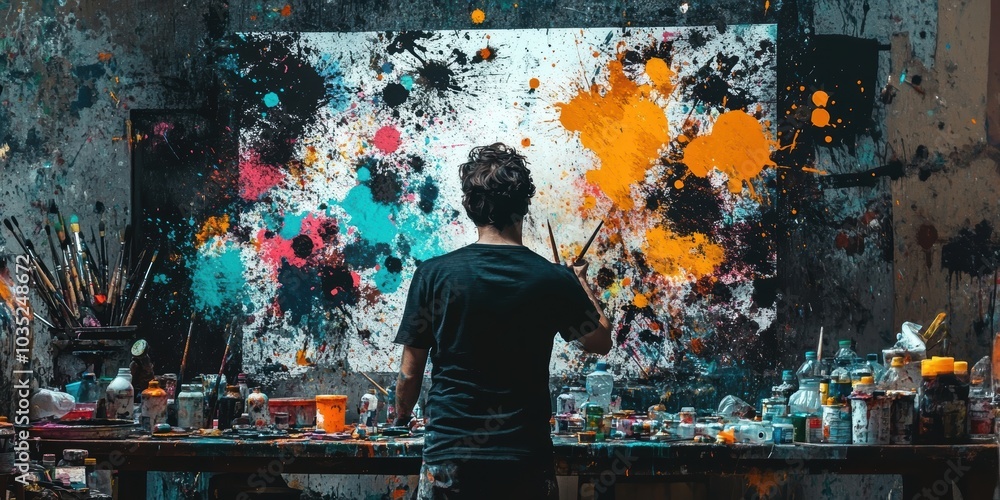 Artist painting colorful abstract splatter art. Artist painting colorful abstract splatter art.