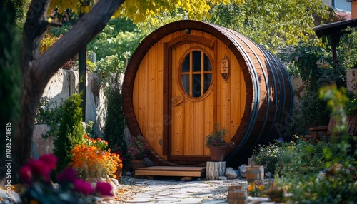 Cozy Wooden Barrel Cabin Surrounded by Lush Greenery, Perfect Getaway for Nature Lovers