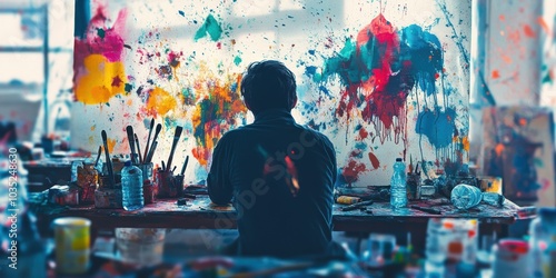 Artist looking at colorful paint splatters.