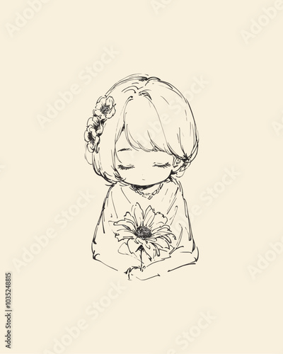 Line Art Sketch Feminine Girl Flower Lady Illustration Vector Girly Cute Anime