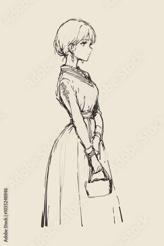 Line Art Sketch Feminine Dress Flowers Lady Woman Illustration Fashion Bridal Vector Victorian Anime