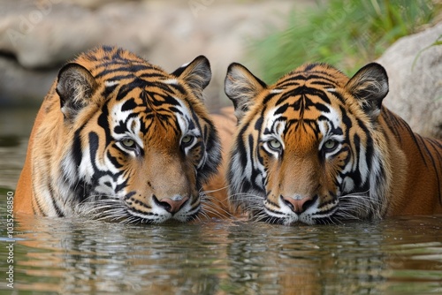 Two majestic tigers resting in tranquil water under the warm sun in their natural habitat