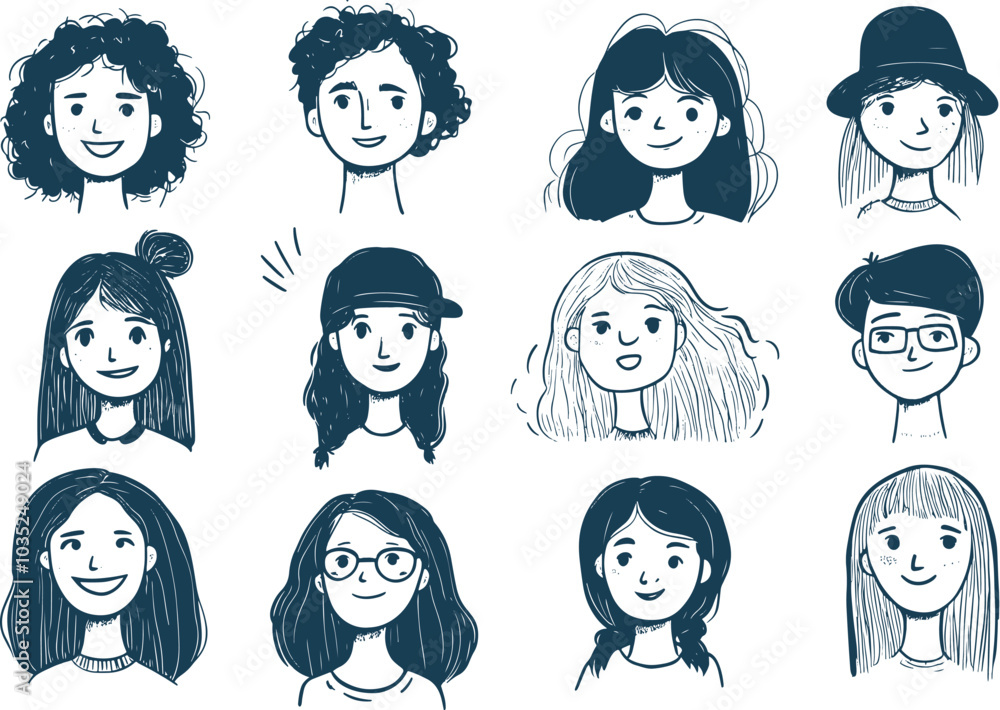 Female hand drawn cartoon avatar icon collection. User profile people for social media and websites Female hand drawn cartoon avatar icon collection. User profile people for social media and websites