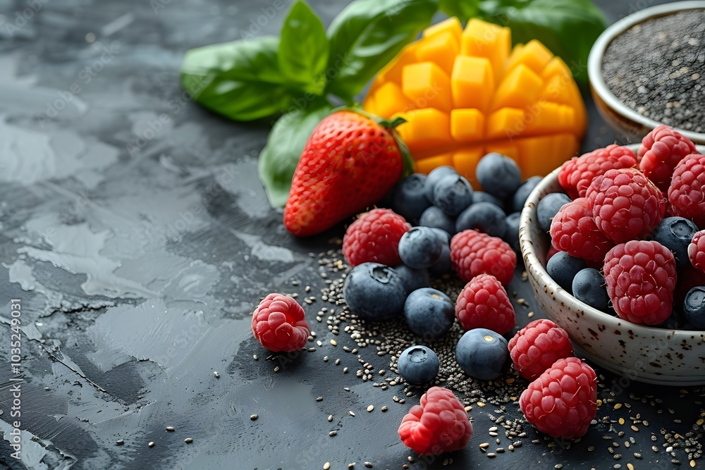 Fresh Summer Berries and Mango with Chia Seeds on Slate Background for Healthy Eating Concepts Fresh Summer Berries and Mango with Chia Seeds on Slate Background for Healthy Eating Concepts