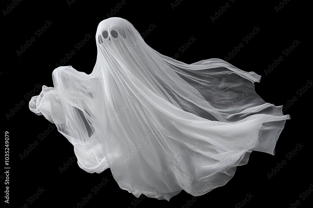 Floating scary white fabric ghost for Halloween parties to celebrate the night holiday. Creepy ghost character. Can be used in screen mode for a transparent effect. with generative ai Floating scary white fabric ghost for Halloween parties to celebrate the night holiday. Creepy ghost character. Can be used in screen mode for a transparent effect. with generative ai