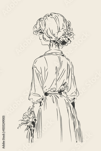 Line Art Sketch Feminine Dress Flowers Lady Woman Illustration Fashion Bridal Vector Victorian