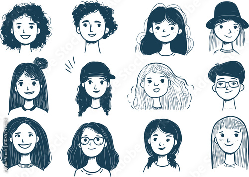 Female hand drawn cartoon avatar icon collection. User profile people for social media and websites