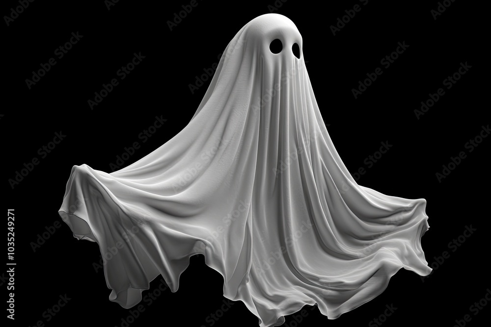 Floating scary white fabric ghost for Halloween parties to celebrate the night holiday. Creepy ghost character. Can be used in screen mode for a transparent effect. with generative ai Floating scary white fabric ghost for Halloween parties to celebrate the night holiday. Creepy ghost character. Can be used in screen mode for a transparent effect. with generative ai