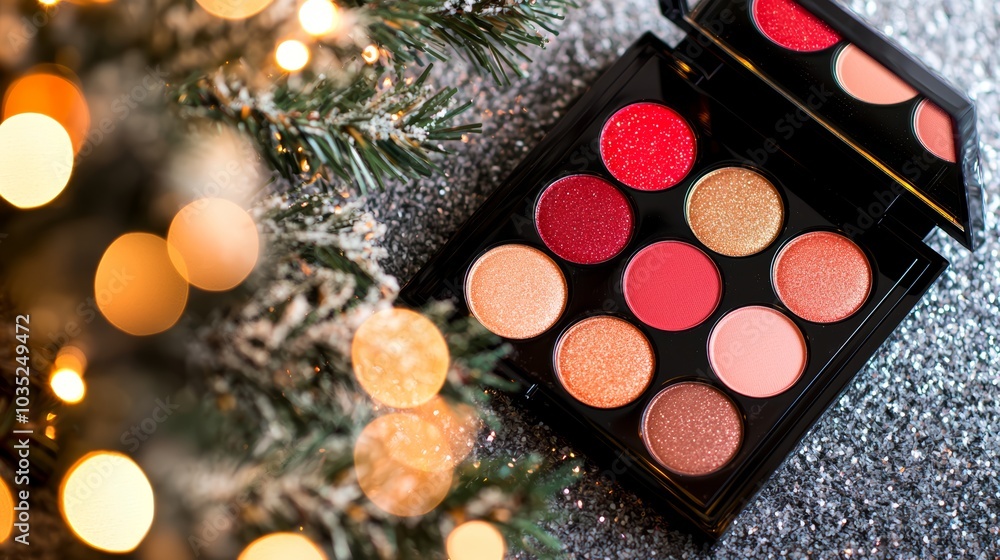 A glamorous Christmas makeup palette filled with glittering holiday colors, displayed on a table surrounded by wreaths, candy canes, and ornaments. A glamorous Christmas makeup palette filled with glittering holiday colors, displayed on a table surrounded by wreaths, candy canes, and ornaments.