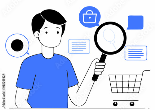 A person in a blue shirt holding a magnifying glass stands beside a shopping cart, emphasizing online shopping and search themes. Ideal for e-commerce, product search, shopping, consumer behavior
