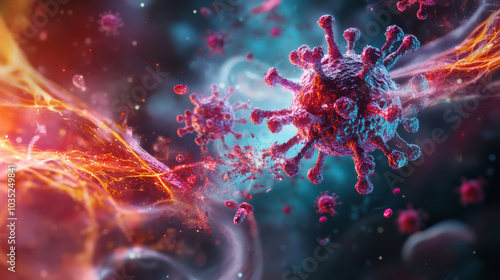 A 3D illustration of a virus particle being destroyed by antibodies in a human body