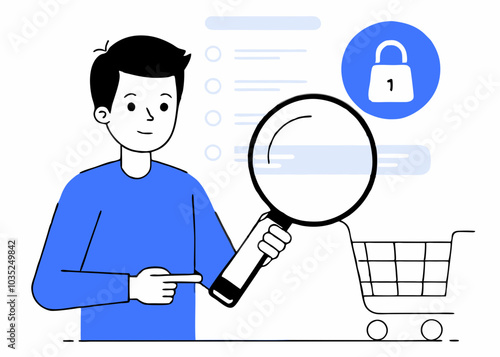 A person in a blue shirt holding a magnifying glass stands beside a shopping cart, emphasizing online shopping and search themes. Ideal for e-commerce, product search, shopping, consumer behavior
