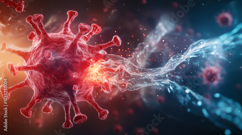 A 3D illustration of a virus particle being destroyed by antibodies in a human body