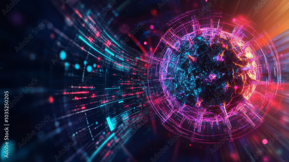 A 3D illustration of a virus particle floating in a digital environment, with abstract data patterns. A 3D illustration of a virus particle floating in a digital environment, with abstract data patterns.