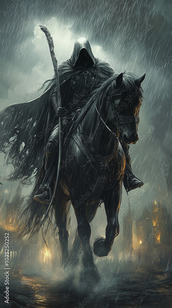 Obraz premium Hooded dark rider on a black horse, holding a staff, rides through a rain-soaked city with flames in the distance