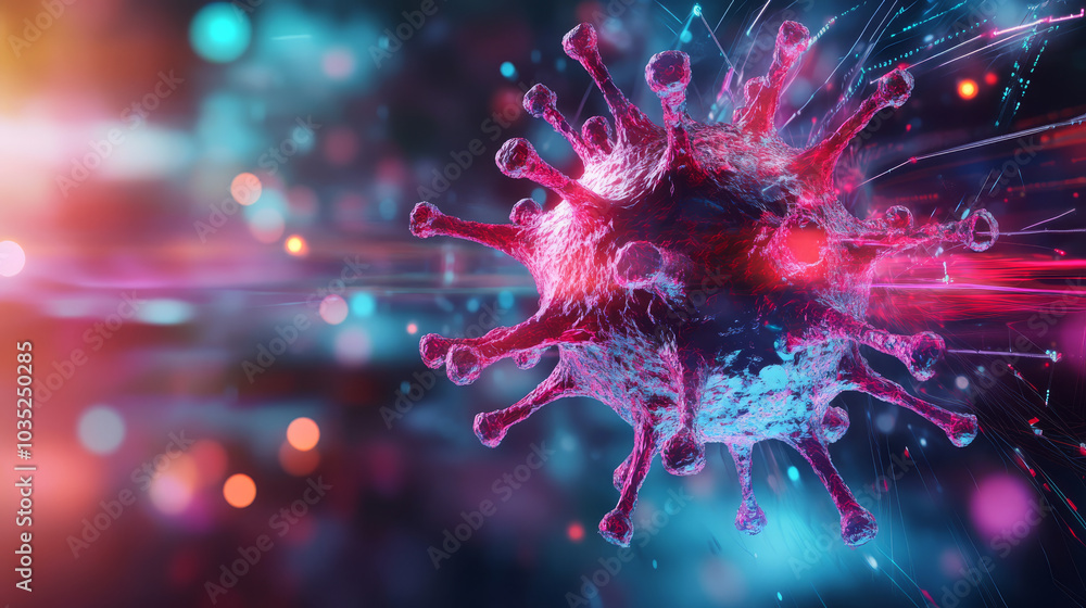 A 3D illustration of a virus particle floating in a digital environment, with abstract data patterns A 3D illustration of a virus particle floating in a digital environment, with abstract data patterns