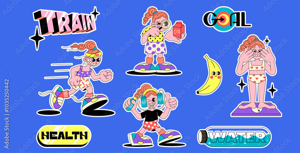 Naklejka premium Colorful Cartoon Fitness Illustration with Fun Characters, Motivational Elements, and Healthy Lifestyle Icons. Perfect for Exercise, Workout, Wellness, and Sports-Themed Designs