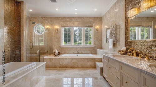 A beautifully designed master bathroom with gold accents, a soaking tub, and luxury fixtures, symbolizing high-end living and strong resale potential photo