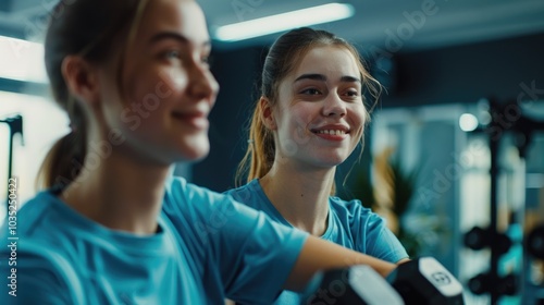 Two friendly women in blue shirts smile at the camera, a moment of joy and connection