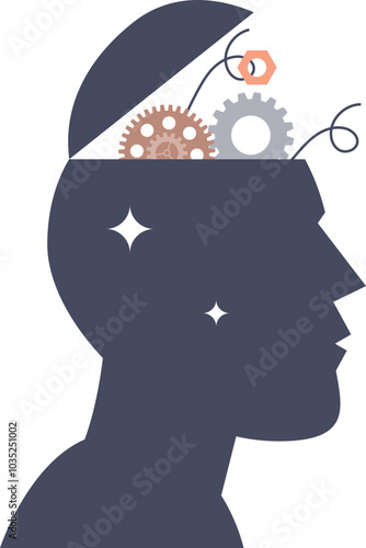 Silhouette with open head revealing gears, symbolizing thought and creativity.