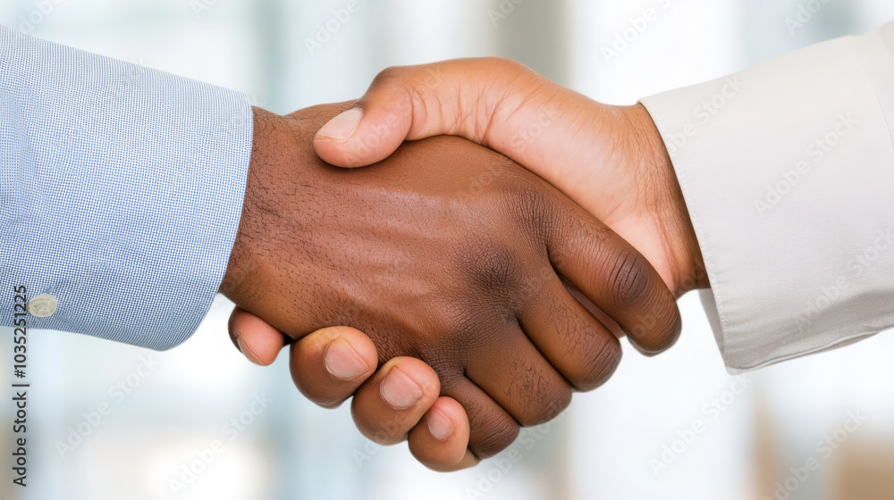 A business handshake between two executives in a bright corporate office, symbolizing partnership and trust A business handshake between two executives in a bright corporate office, symbolizing partnership and trust
