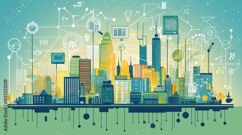 A futuristic cityscape showing a global network of technology and business connectionsGraphic depicting the journey of a small business from concept to reality, highlighting key milestones and challen photo