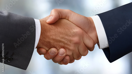 A business handshake between two executives in a bright corporate office, symbolizing partnership and trust