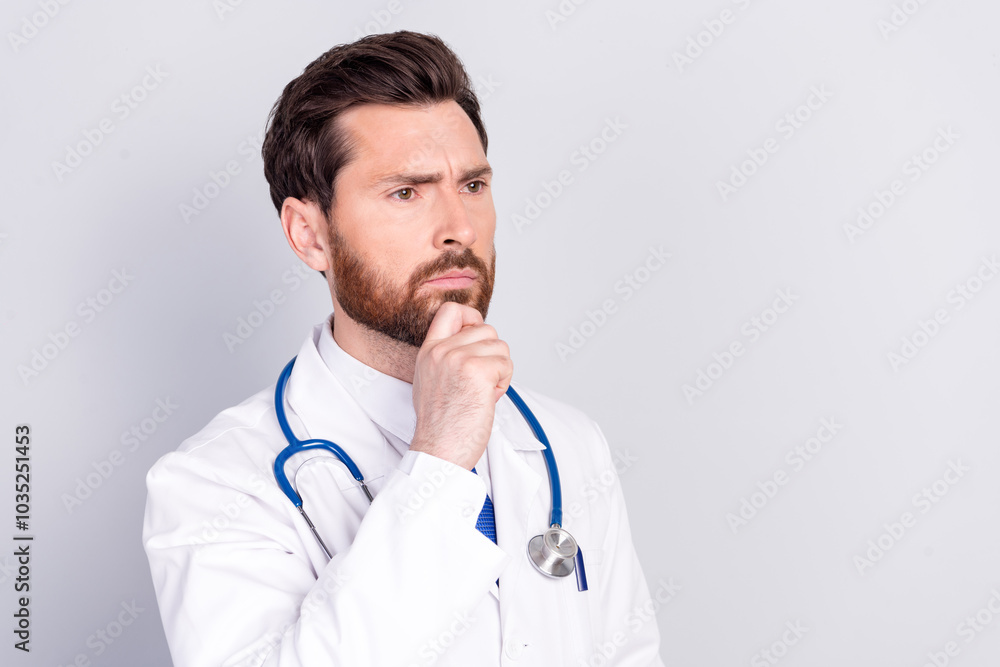 Portrait of experienced doctor man look empty space wear white coat isolated on grey color background Portrait of experienced doctor man look empty space wear white coat isolated on grey color background