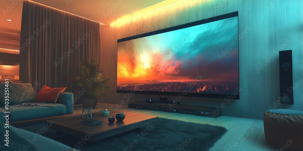 Home theater with large screen and city skyline. Home theater with large screen and city skyline.