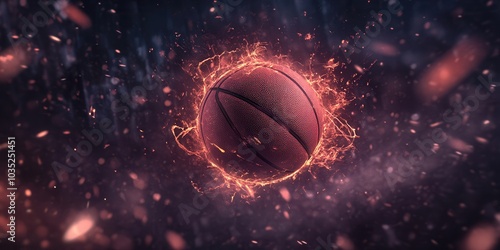 Dramatic fiery basketball in motion, surrounded by sparks and energy against a dark background, symbolizing power and excitement. photo