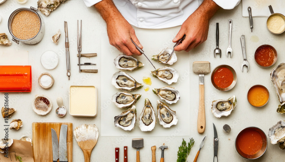Chef opening fresh oysters with special tools and condiments Chef opening fresh oysters with special tools and condiments
