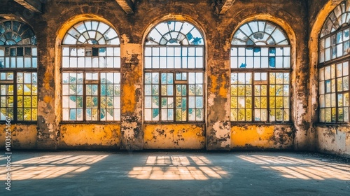 Sunbeams Illuminating the Interior of an Abandoned Building with Arched Windows