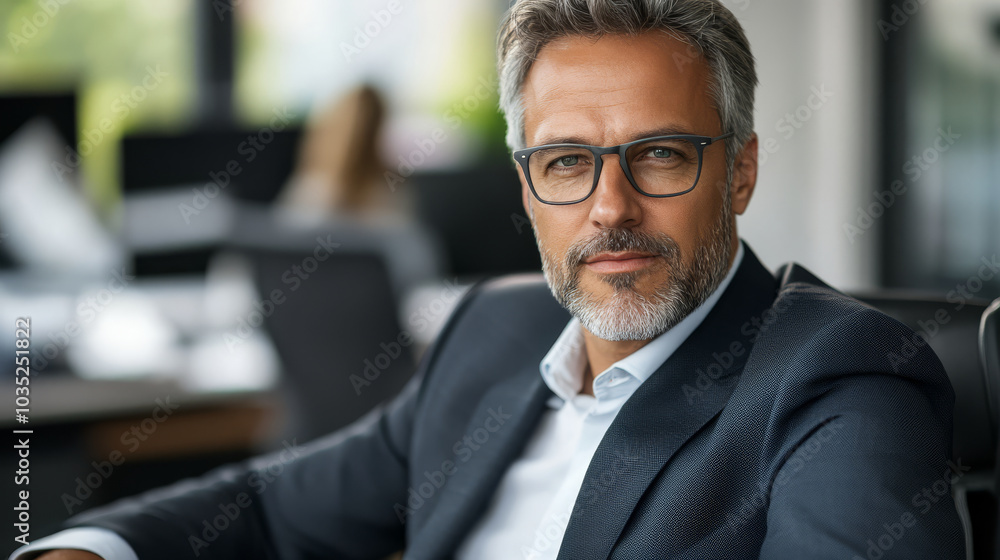 A business leader in formal attire, sitting at a desk in a corporate office, projecting authority and leadership A business leader in formal attire, sitting at a desk in a corporate office, projecting authority and leadership