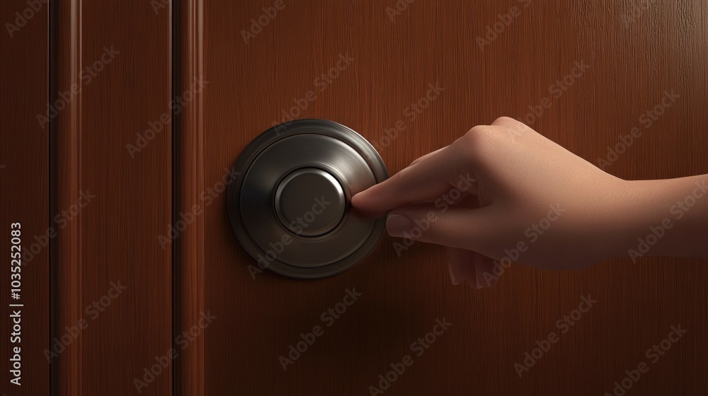 A person opens a door with a traditional knob handle A person opens a door with a traditional knob handle