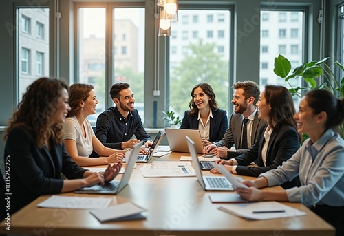 Professional Business Team Collaborating in a Bright Office During a Strategic Meeting