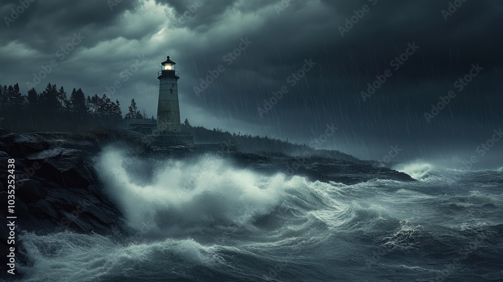 A lone lighthouse stands tall against a stormy sea A lone lighthouse stands tall against a stormy sea